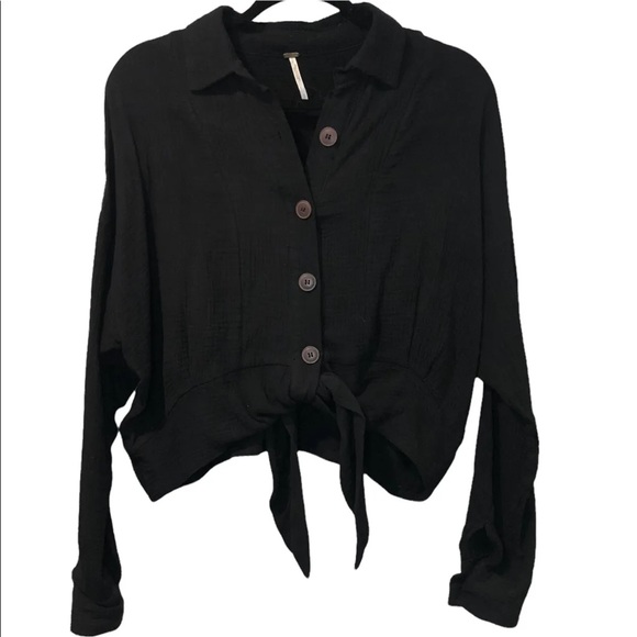 Free People Tops - Womens Free People Black Sunstreaks Tie Front Blouse Button Front Womens Small